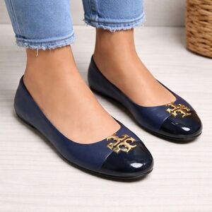 Tory Burch Everly Ballet Flats Size 9.5 M navy Color Patent Leather Cap Toe